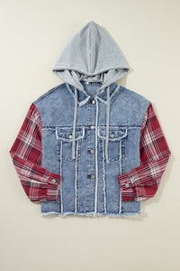 Raw Hem Denim Hooded Button Up Jacket with Red Plaid Sleeves