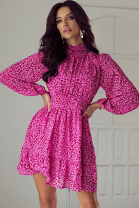 Dark Pink Leopard Long Sleeve High Neck Tie Back Ruffled Dress