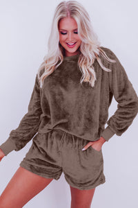 Brown Fleece Long-sleeve Top & Shorts Set