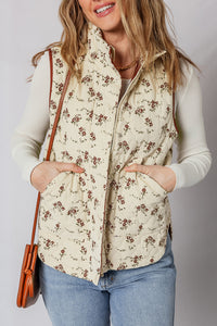 Cream Fall Floral Zip Up Snap Brown Trim Quilted Vest