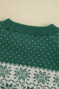 Green Snowflake Dotted Crew Neck Knit Sweater