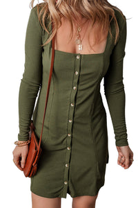 Avocado Rib Knit Square Neck Buttoned Long Sleeve Mini Dress