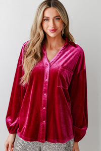 Dark Pink V-Neck Button-Up Long-sleeve Velour Shirt