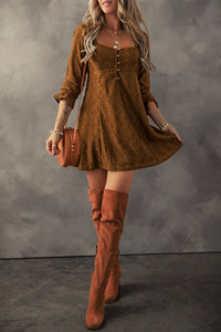 Chestnut Brown Buttoned Lace Square Neck Shift Mini Dress