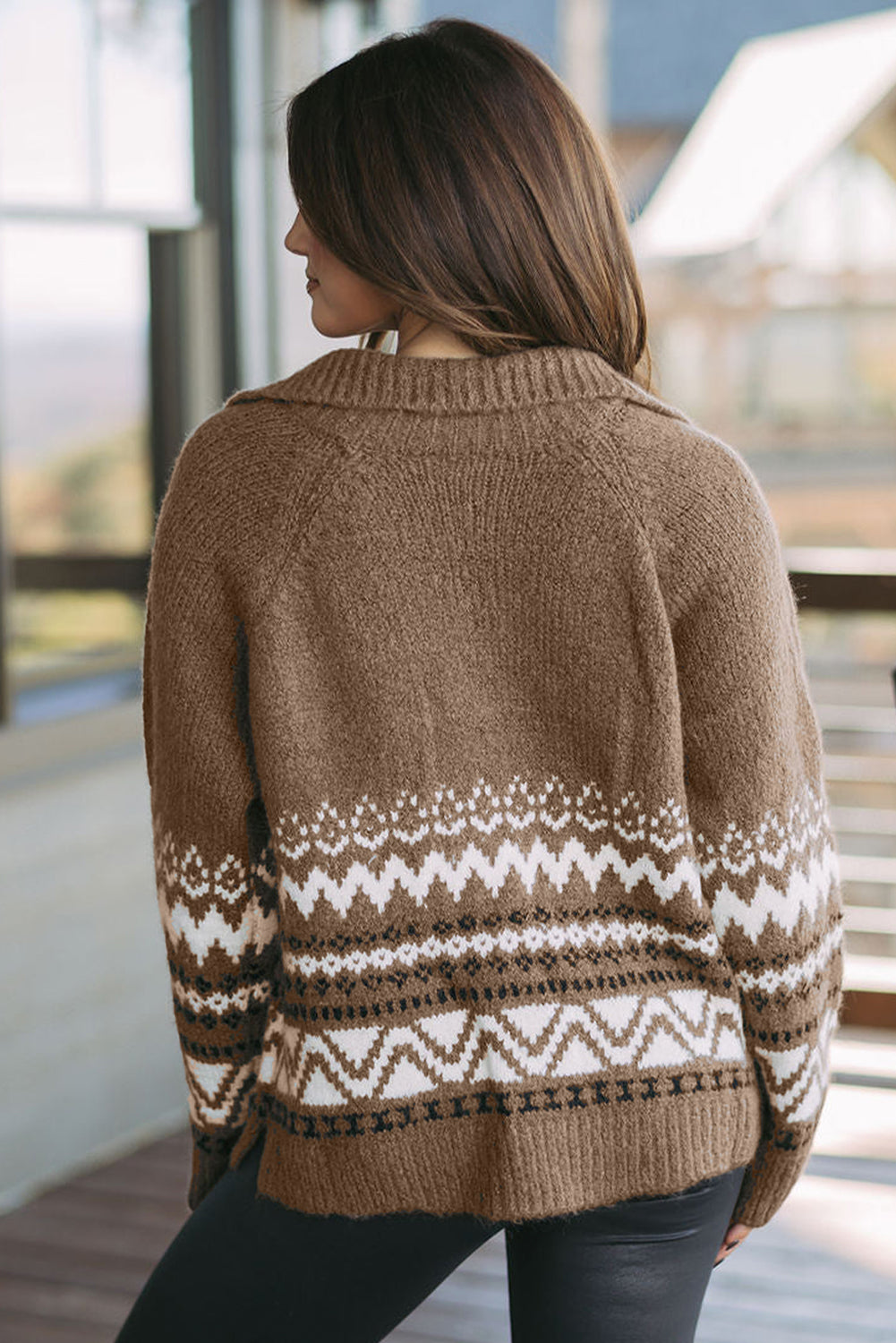 Light Brown Western Aztec Design Full Zip Collared Sweater