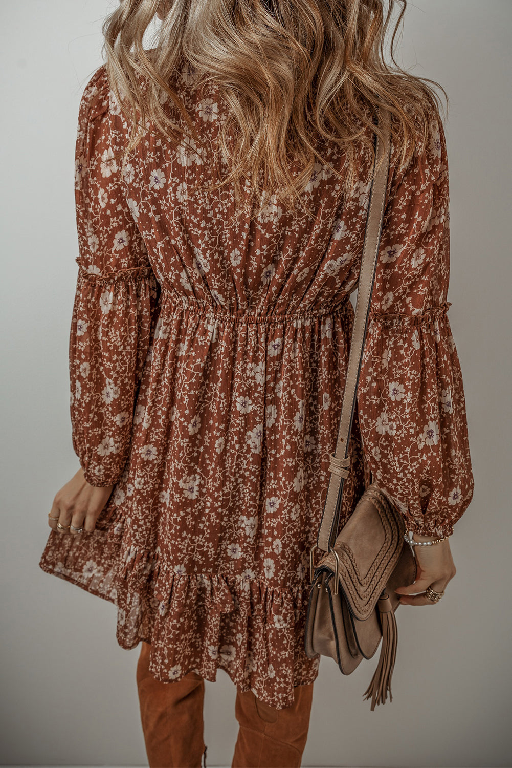 Brown Boho Floral Ruffled Puff Sleeve V-Neck Mini Dress