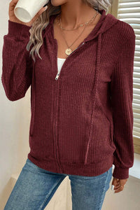 Burgundy Ribbed Zip Up Front Drawstring Hoodie