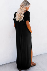 Black V-neck Side Split Maxi T-shirt Dress with Pockets