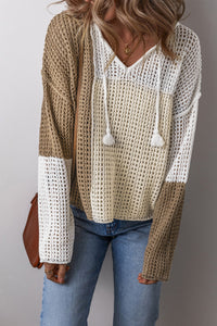 Tan and Cream Colorblock Tie V-Neck Lightweight Open Crochet Sweater