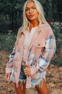 Light Pink & Blue Plaid Corduroy Color-block Chest Pockets Heavyweight Button-down Shirt