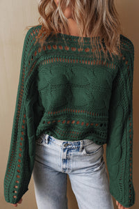 Pine Green Open Stitch Cable Knit Cropped Sweater