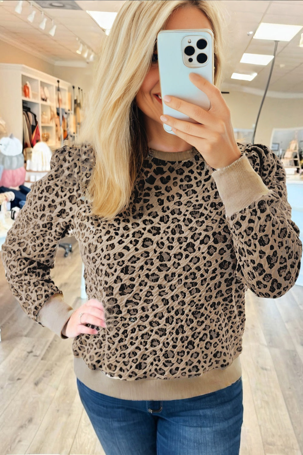 Khaki Leopard Print Textured Plus Size Long Sleeve Top