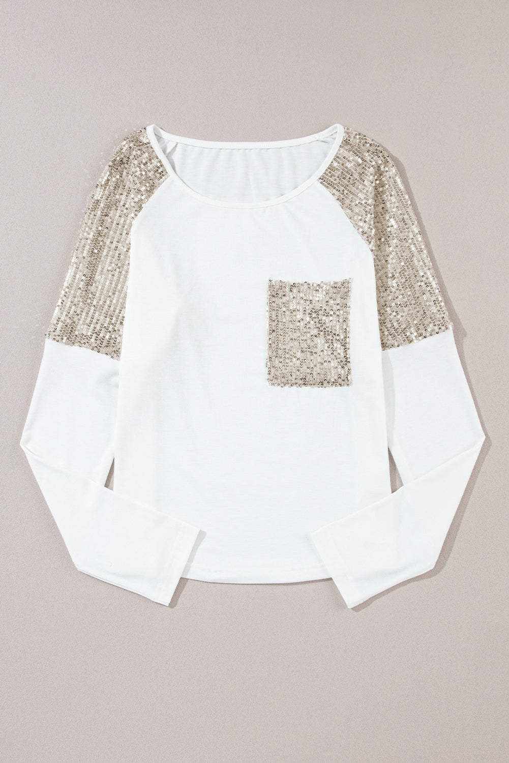 White with Gold Sequin Color Block Raglan Long Sleeve Top