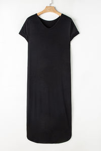 Black V-neck Side Split Maxi T-shirt Dress with Pockets