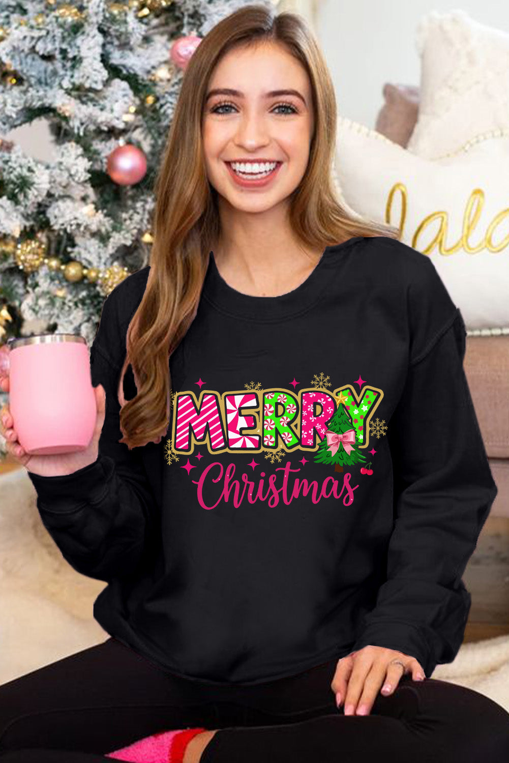 Black with Pink and Green MERRY Christmas Graphic Drop Shoulder Pullover
