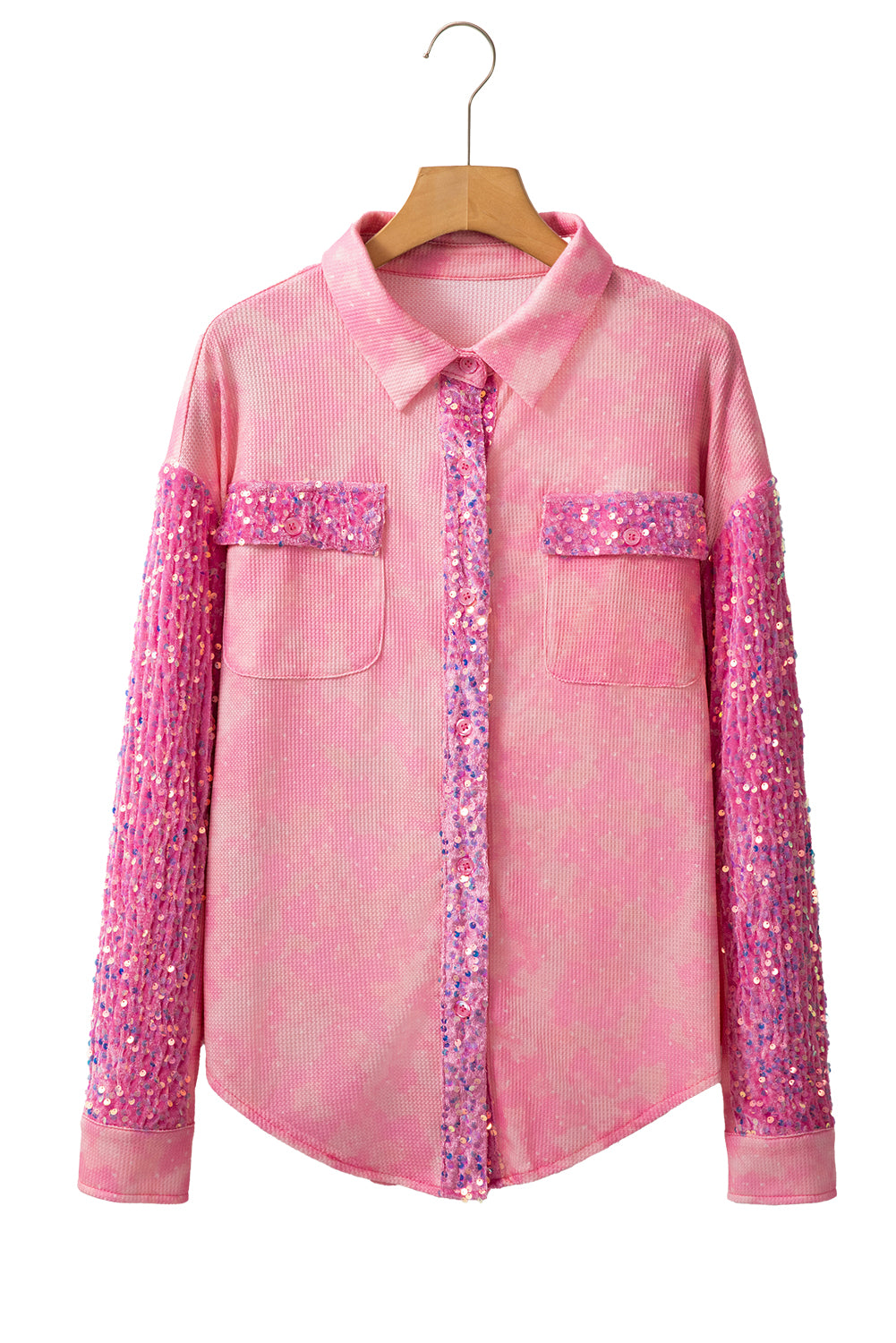 Pink Mineral Wash Sequin Color Block Chest Pocket Waffle Knit Shacket