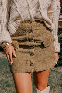 Tan Corduroy Buttoned Front Faux Pockets Mini Skirt