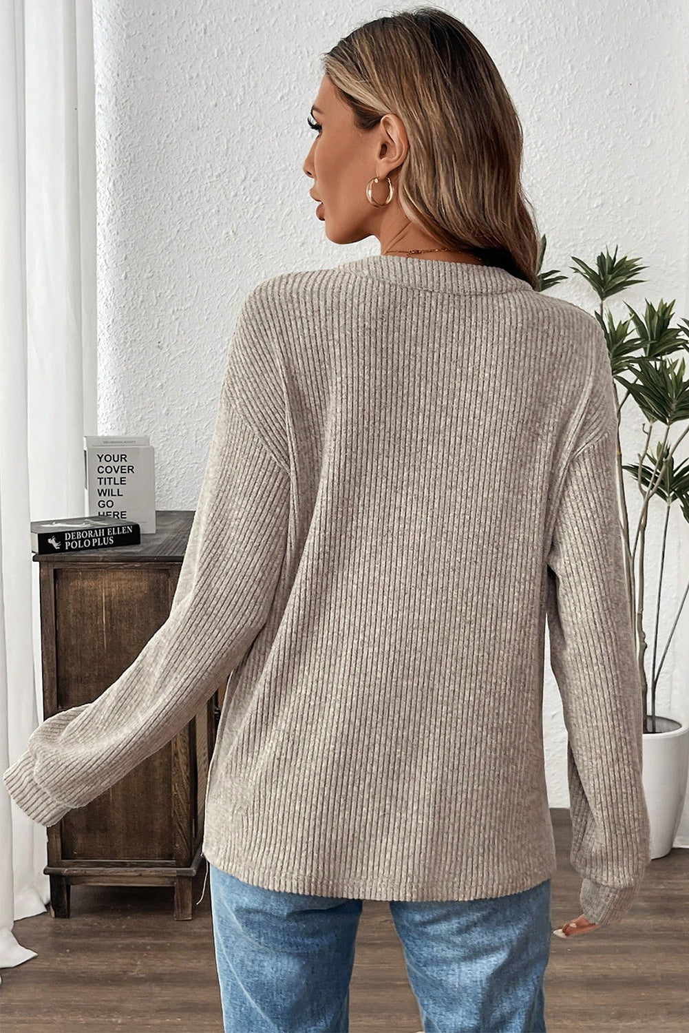Taupe Drop Shoulder 1/4 Button Down Kangaroo Pocket Knit Top