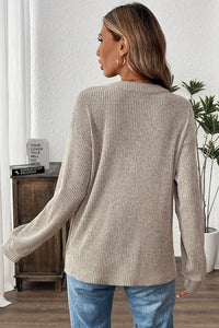 Taupe Drop Shoulder 1/4 Button Down Kangaroo Pocket Knit Top