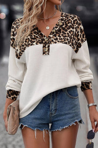 White Waffle Knit Leopard Print Color Block V-Neck Top