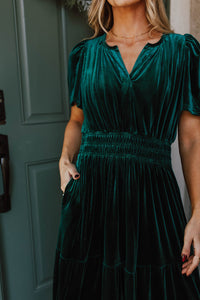 Emerald Velour Short Sleeve Shirred Waist Tiered Maxi Dress