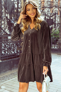 Dark Brown Textured Velour V-Neck Shift Dress with Pearl Button Accents