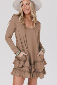 Light Brown Scoop Neck Tiered Ruffled Hem Long Sleeve Mini Dress