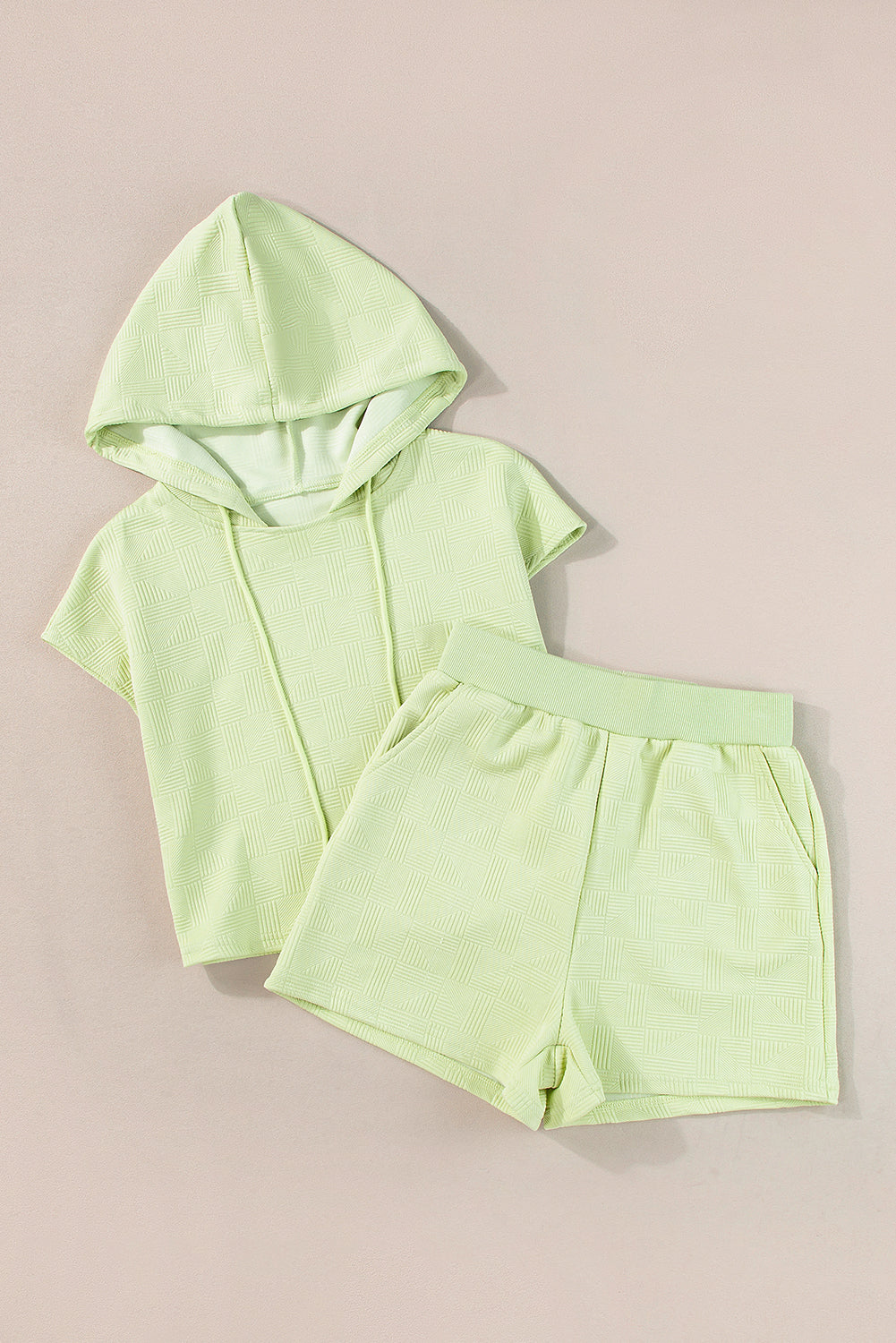 Light Green Textured Cropped Hoodie and Shorts Set