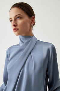 Dusty Blue Faux Wrap Mock Neck Bell Sleeve Blouse