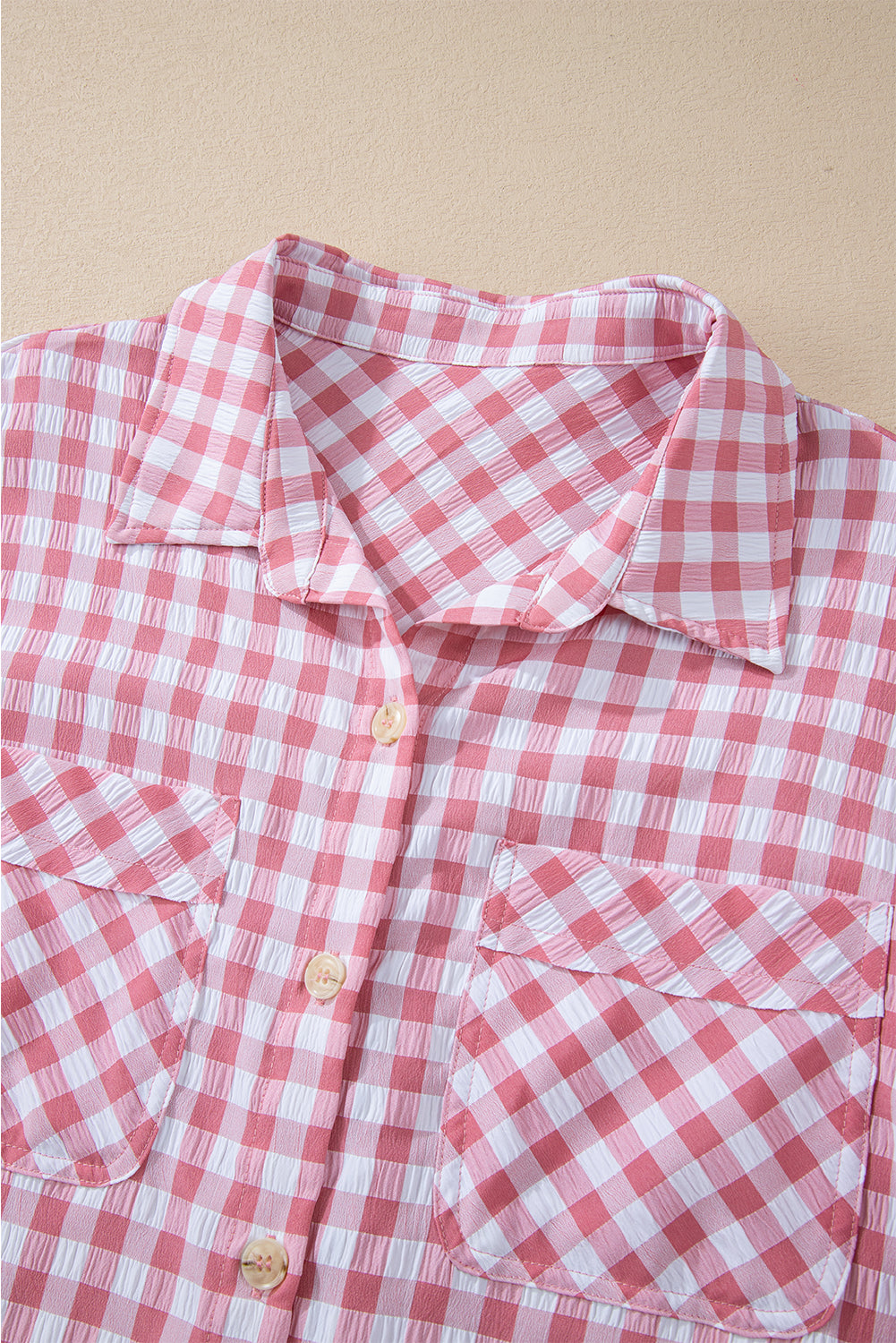 Pink Gingham Button Up Collared Shirt with Chest Pockets