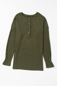 Dark Olive Rib Textured Henley Knit Top