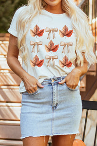 White Fall Leaf & Bow Print Cuffed Tee