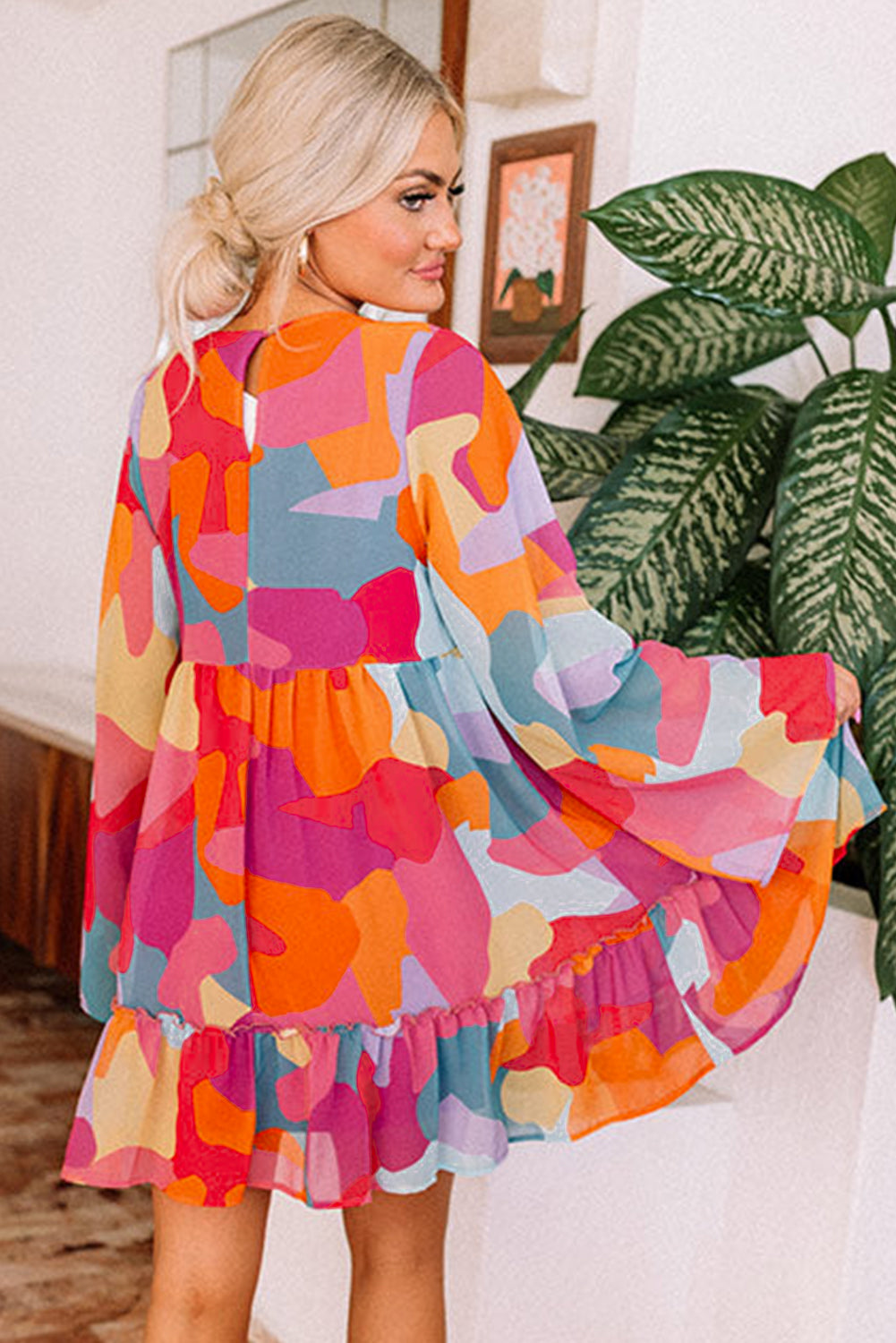 Pink Yellow Orange Abstract Print Bell Sleeve V-Neck Babydoll Dress