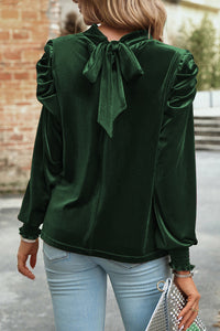 Emerald Green Tie Back Neck Ruffled Sleeve Velour Blouse