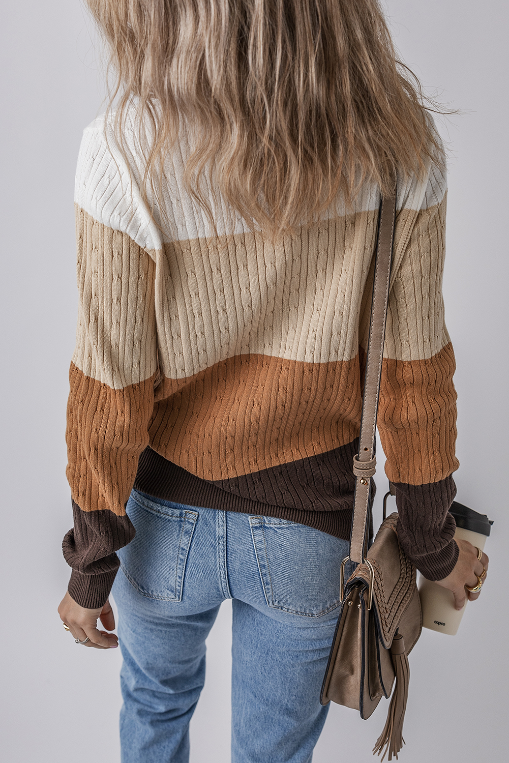 Khaki and Brown Colorblock Cable Knit Crew Neck Sweater