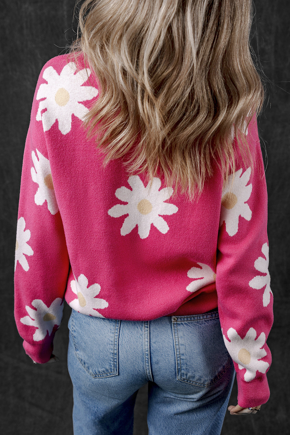 Bright Pink Daisy Crew Neck Long Sleeve Sweater