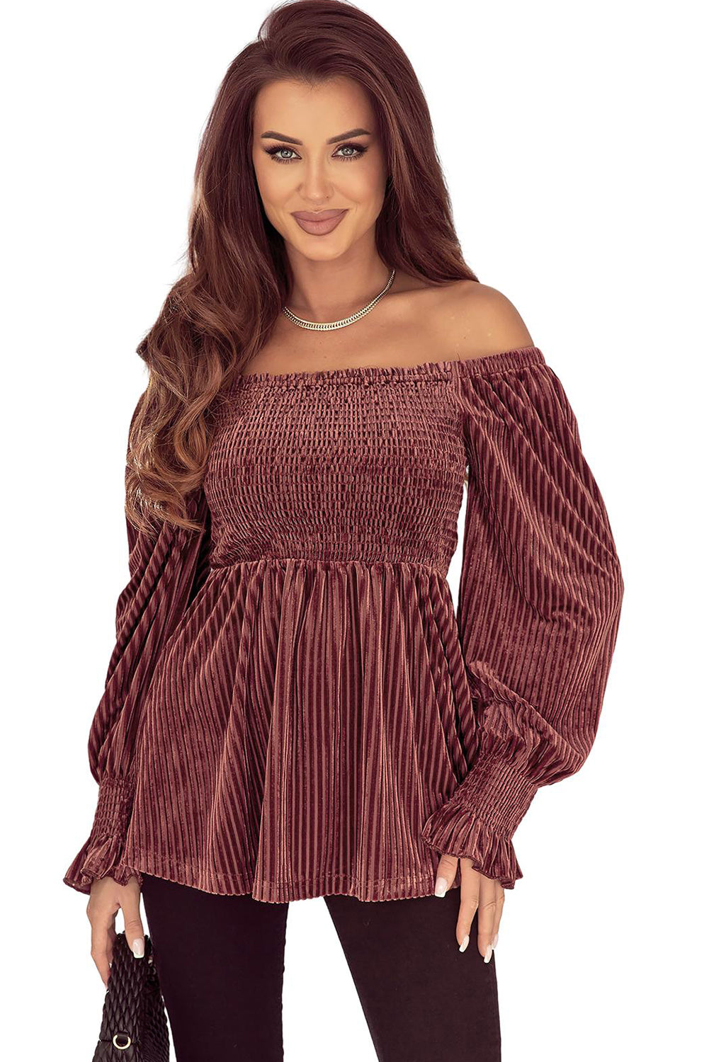 Velour Square Neck Smocked Long-sleeve Babydoll Top