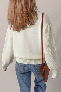 White Flower Embossed Neckline Puff Sleeve Sweater