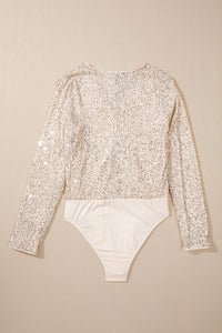 Champagne Sequin Long Sleeve Wrap V-Neck Bodysuit