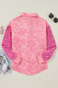 Pink Mineral Wash Sequin Color Block Chest Pocket Waffle Knit Shacket