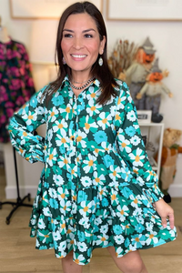 Green Floral Tiered Long Puff Sleeve Button Down Dress