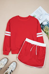Varsity Stripe Detail Drop Shoulder Pullover Mini Skort Set