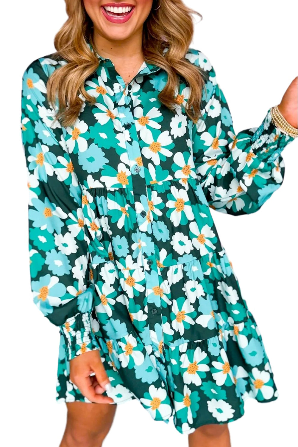 Green Floral Tiered Long Puff Sleeve Button Down Dress