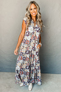 Khaki and Blue Floral Sleeveless V-neck Pocketed Wide Leg Jumpsuit