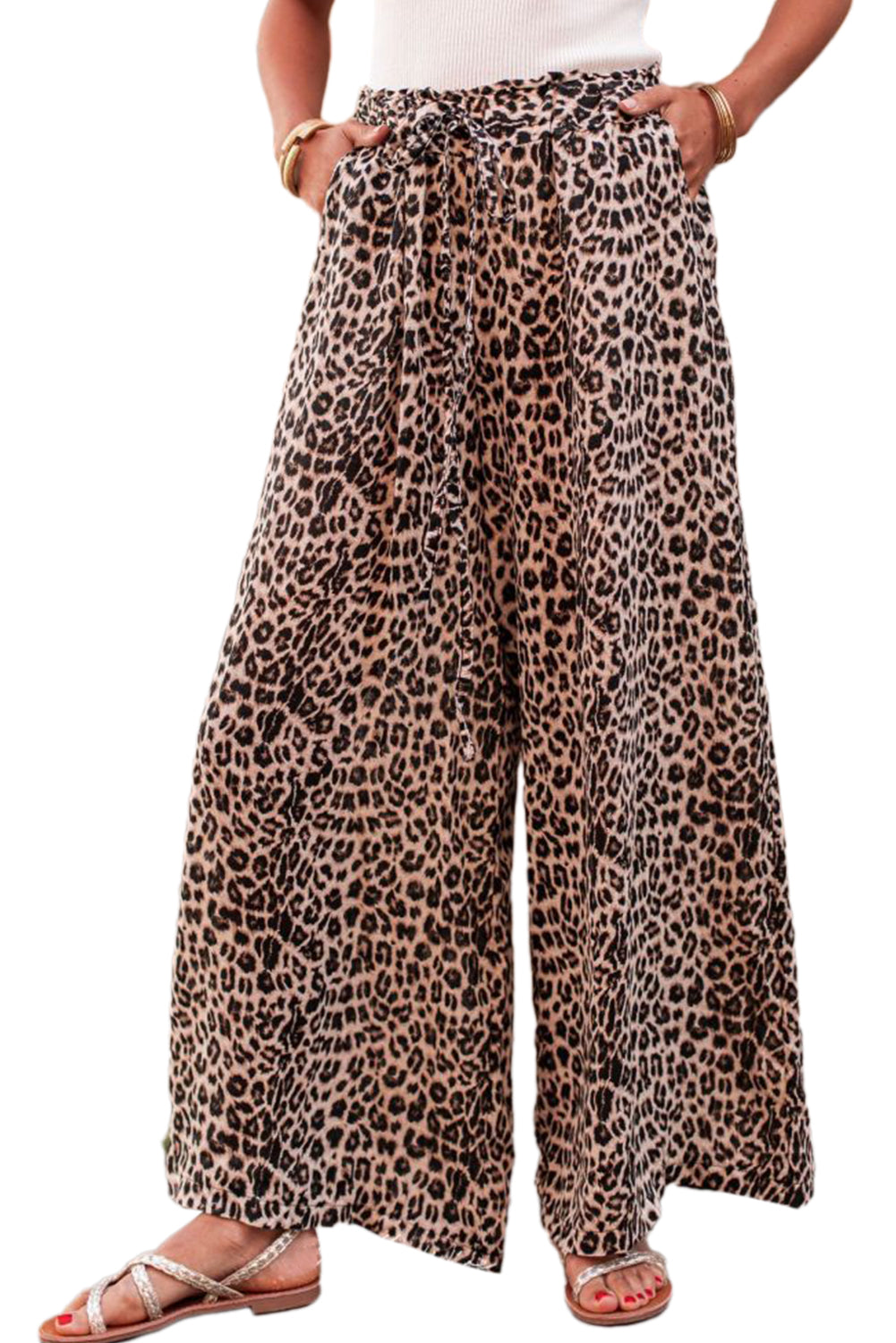 Black and Brown Leopard Print Wide Leg Elastic Waist Pants