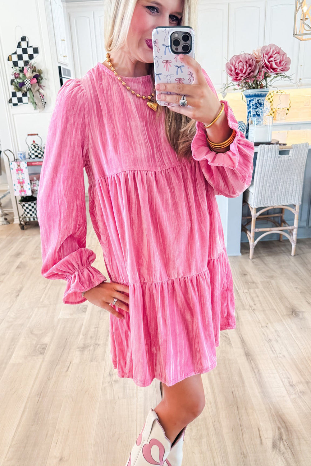 Pink Tiered Ruffled Velour Mini Dress