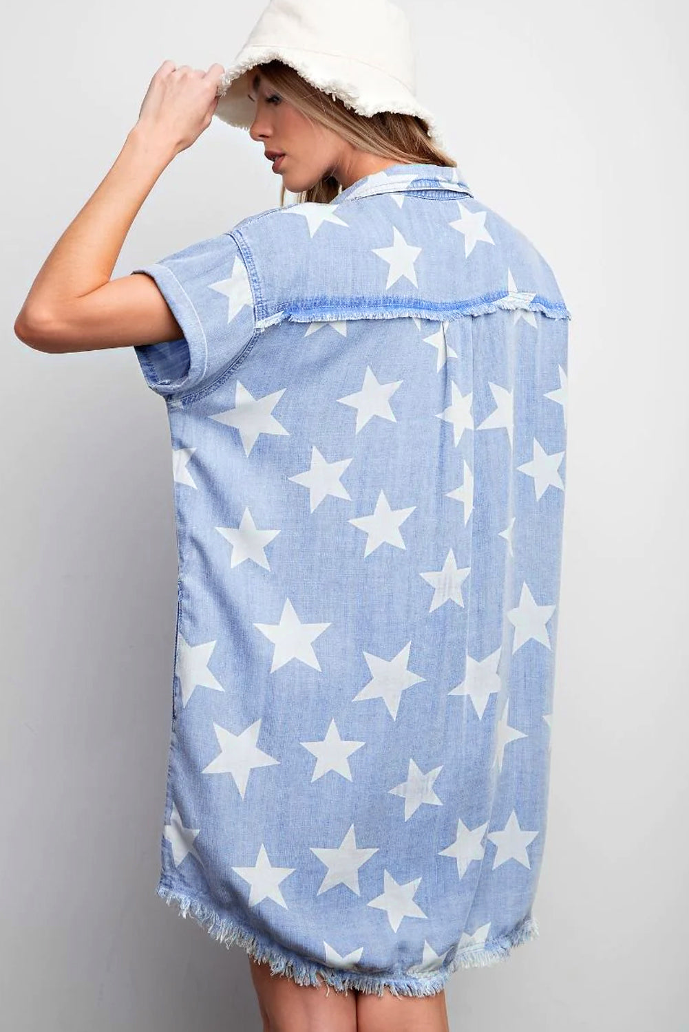 Sky Blue White Stars Frayed Hem Collared Short Sleeve Denim Shirt Dress