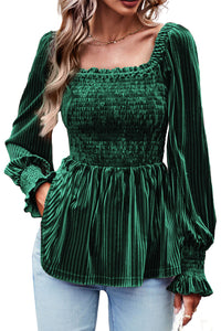 Velour Square Neck Smocked Long-sleeve Babydoll Top