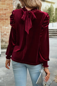 Burgundy Tie Back Neck Ruffled Sleeve Velour Blouse