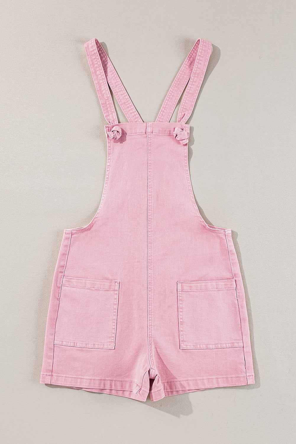 Pink Knotted Tie Shoulder Straps Racerback Denim Romper with Pockets